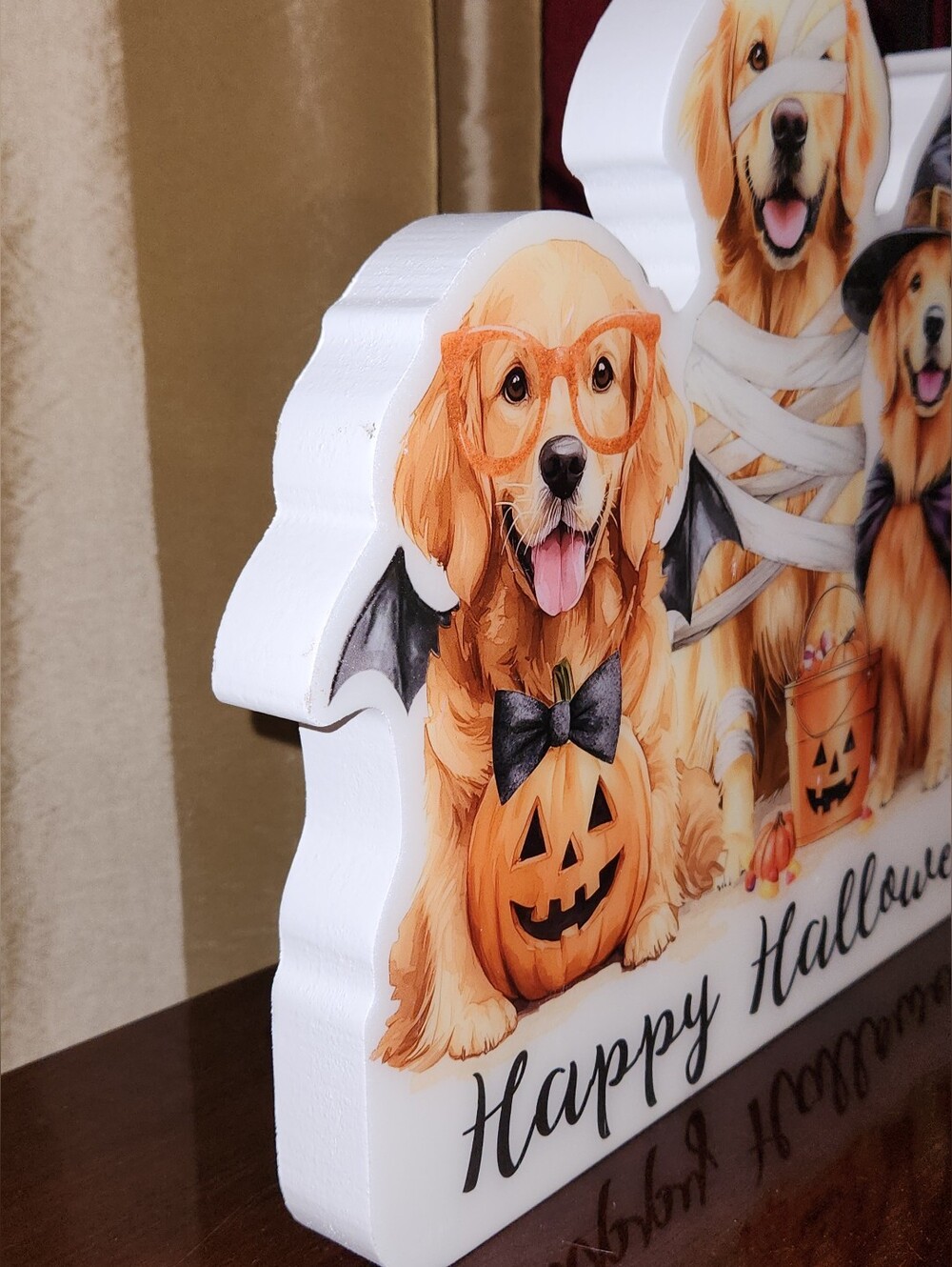 NWT Happy Halloween Golden Retriever Trio Sign 3D Wooden Stand Festive Dog Décor - Picture 6 of 8